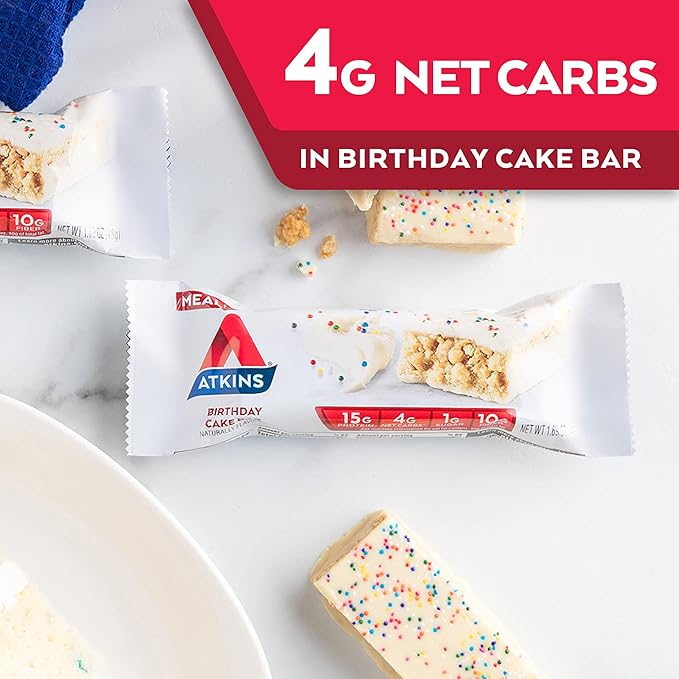 Atkins Birthday Cake Protein Meal Bar High Fiber 15g Protein 1g Sugar 4g Net Carbs Meal Replacement Keto Friendly 30 Count