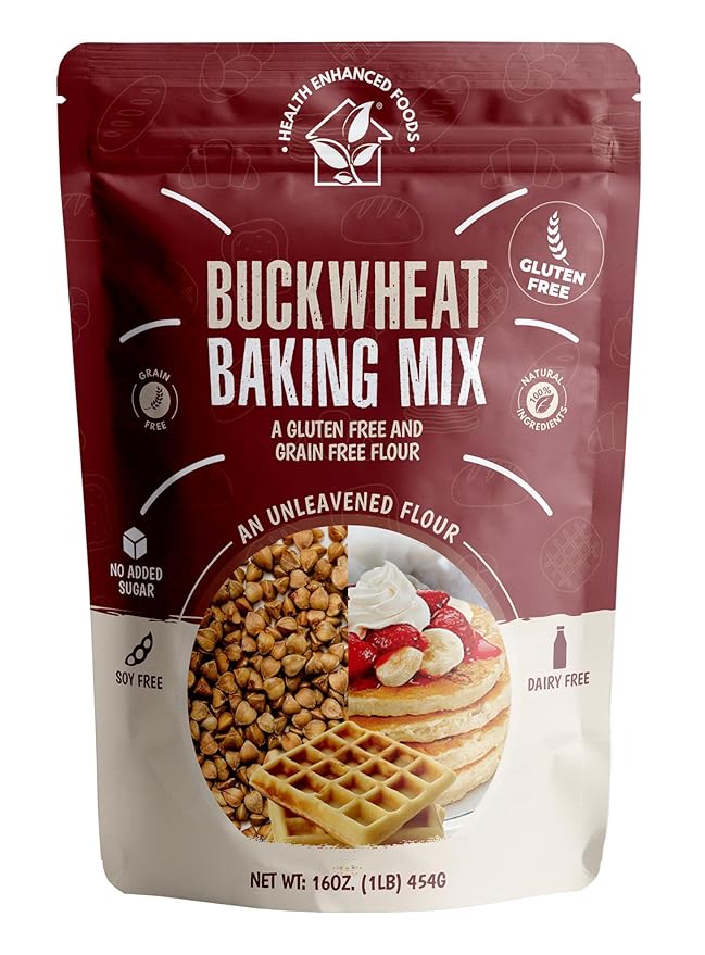 Health Enhanced Foods Gluten-Free Buckwheat Baking Mix [2 Pack - 16 oz / 1 LB] - Pancake Waffle Cookie &amp Muffin Mix - Nut-Free Grain-Free Soy-Free Dairy-Free No Added Sugar Low Glycemic