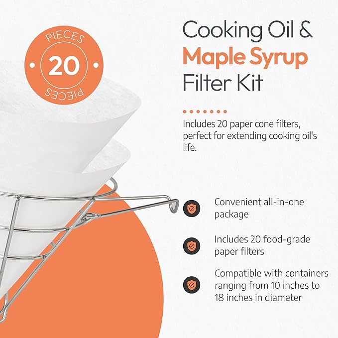 Cleaner Syrup Better Filtration – Stainless Steel Cone Filter Holder with 20 Paper Filters | 10-Inch Cone Filters for Longer-Lasting Maple Syrup &amp Frying Oil
