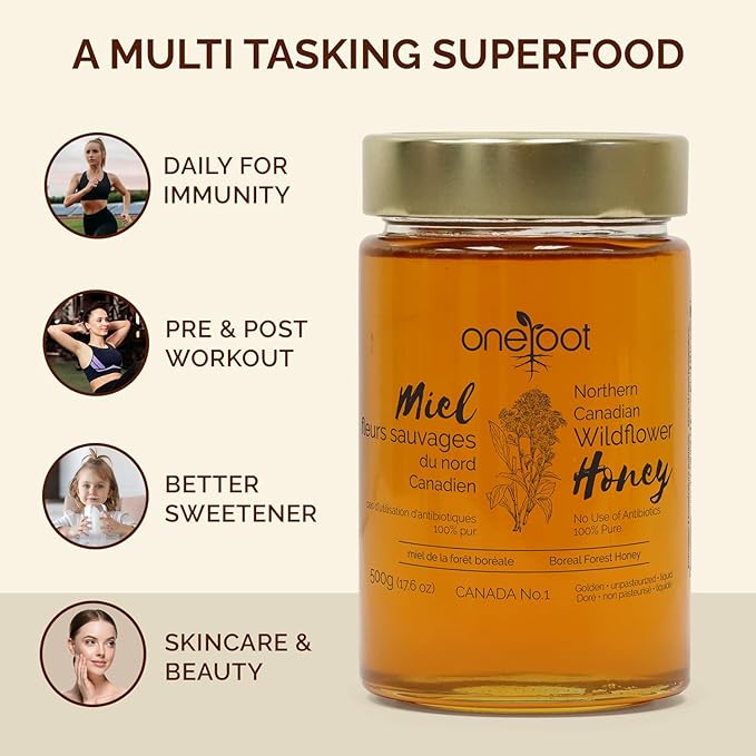OneRoot Natural Wildflower Honey - 1.1 lbs / 500g Pure Canadian Boreal Forest - Unpasteurized Minimally Filtered &amp Single-Source - Rich in Enzymes &amp Antioxidants - Raw Liquid Honey