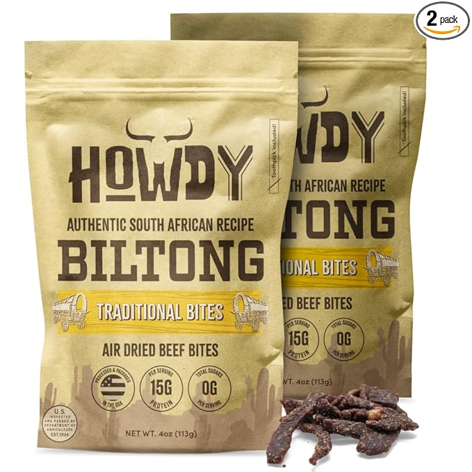 HowdySnax Traditional Biltong Bites – 2 Pack (8 Ounces Total) – Bulk Beef Snack • High‑Protein • Keto &amp Paleo • No Preservatives • Made in USA