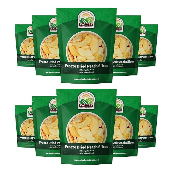 Valley Food Storage Freeze Dried Peach Slices | 10-Bag Bucket 21 oz | Non-GMO Premium Emergency Food Supply 25 Year Shelf Life | Prepper Supplies Survival Food Off-Grid Living | Packaged in USA