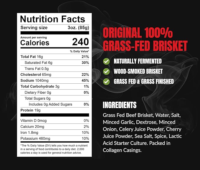 Primal Eats Original 100% Grass Fed Beef Brisket Meat Sticks 3oz 10-Pack - 19g Lean Meat Protein Keto Paleo Carnivore Gluten Free Zero Sugar Beef Jerky Snack Stick
