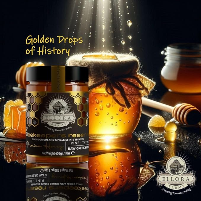 Ellora Farms Greek Honey Single Estate PDO Pine &amp Thyme Raw Honey Unfiltered Beautiful Gift Pack with Dipper Beekeepers Reserve Pure Raw &amp Unfiltered Cold-Pressed Gluten Free - 450 g