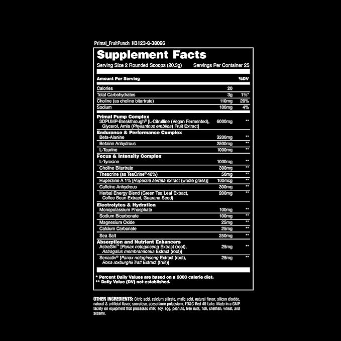 Animal Primal Muscle Hydration + Preworkout Powder – Contains Beta Alanine 3DPump Caffeine &amp Electrolytes – Improves Energy Focus Endurance &amp Absorption – Fruit Punch Flavor 17.9 oz