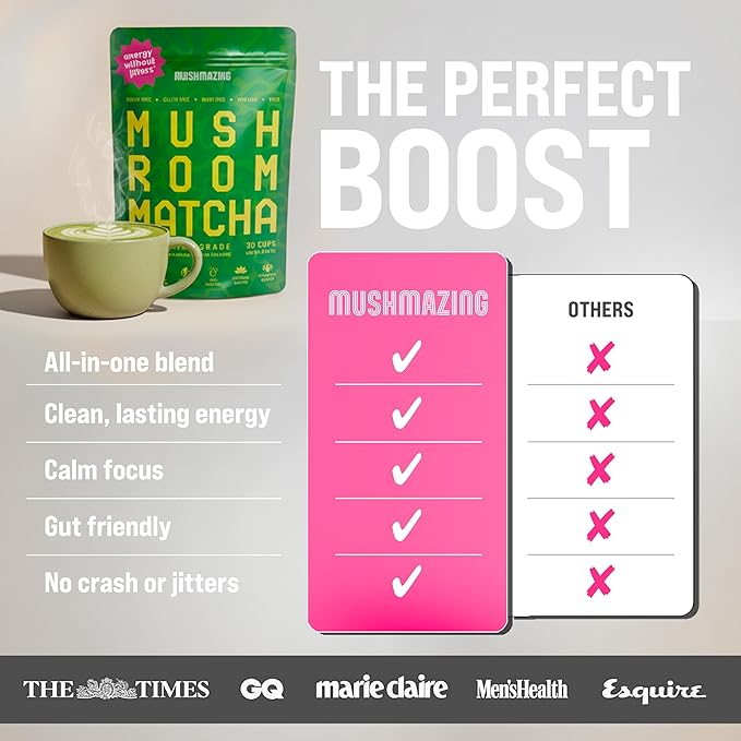 Mushroom Matcha + Lion’s Mane Ashwagandha Collagen - Focus Energy &amp Immune Support - 30 Servings of Adaptogen Superfood Blend for All Day Coffee Alternative