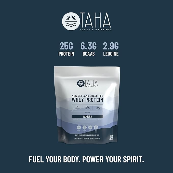Taha Health &amp Nutrition Vanilla Flavored Whey Protein Concentrate Powder 25g Protein 140 Calories 2g Sugar | New Zealand Grass-Fed Free-Range Dairy | Gluten and Soy Free Keto Kosher | 2LB