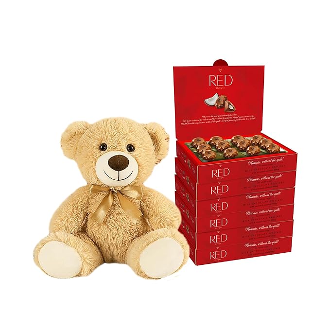 RED Delight®™ Milk Chocolate Diamond Truffles - with Coconut Filling (6 Boxes (4.66 OZ EACH) + 14 Plush Teddy Bear)