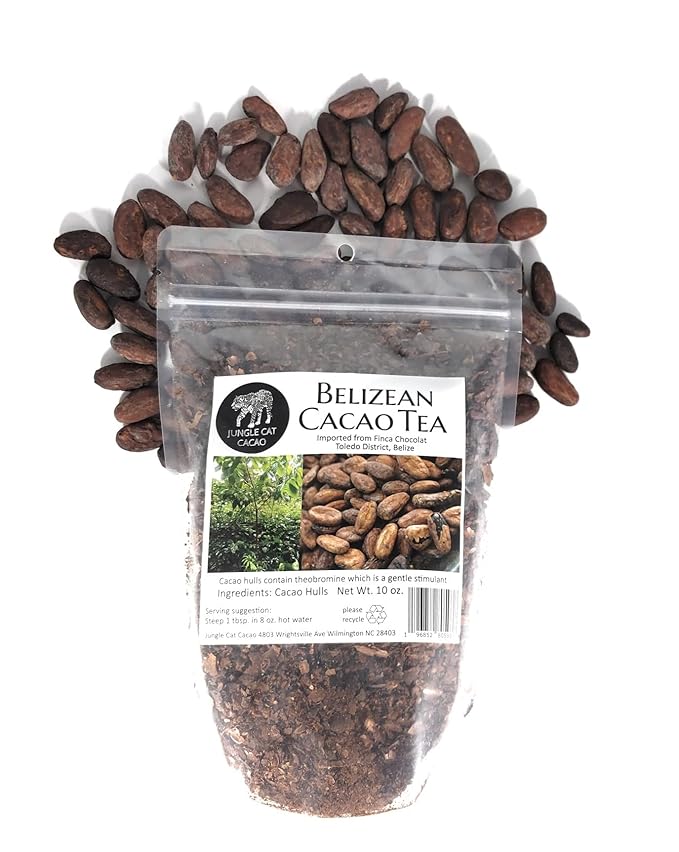 Jungle Cat Cacao Belizean Cacao Tea 10oz | Cacao Superfood - Theobromine - Gentle Stimulant - Magnesium - B Vitamins - Fantastic Strong Dark Chocolate Taste - Leading Natural Source Iron - 100% Organi
