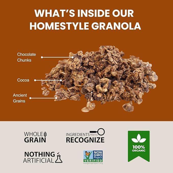 Erin Baker’s Homestyle Double Chocolate Granola with Ancient Grains - Made from Natural Ingredients Crunchy Versatile Snack or Cereal - Vegan Friendly Non-GMO Resealable 160oz Bag 1-Pack