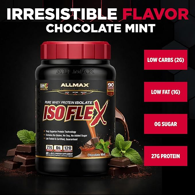 ALLMAX ISOFLEX Pure Whey Isolate Protein Powder - Gluten Free Low Lactose Sugar-Free - High-Protein Clean Keto-Friendly for Pre Post Workout Supplement for Women and Men | Chocolate Mint 2lb