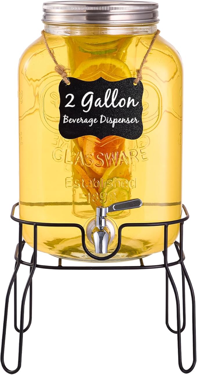 2 Gallon Glass Drink Dispensers for Parties Beverage Dispenser with Stand Fruit Infuser and Stainless Steel Spigot 100% Leakproof Beverage Dispenser for Lemonade Sun Tea
