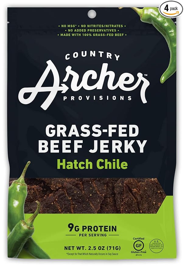 Hatch Chile Beef Jerky by Country Archer 100% Grass-Fed Gluten Free 2.5 Ounce (4 Pack)