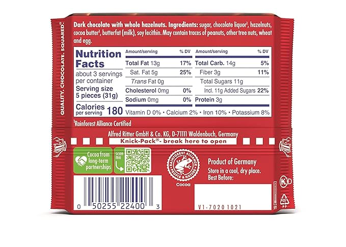 Ritter Sport nut Class Dark with Whole Hazelnuts candy bar chocolate 3.5 Ounces each Bundle of 10 Full-Size Bars) Best GIFT
