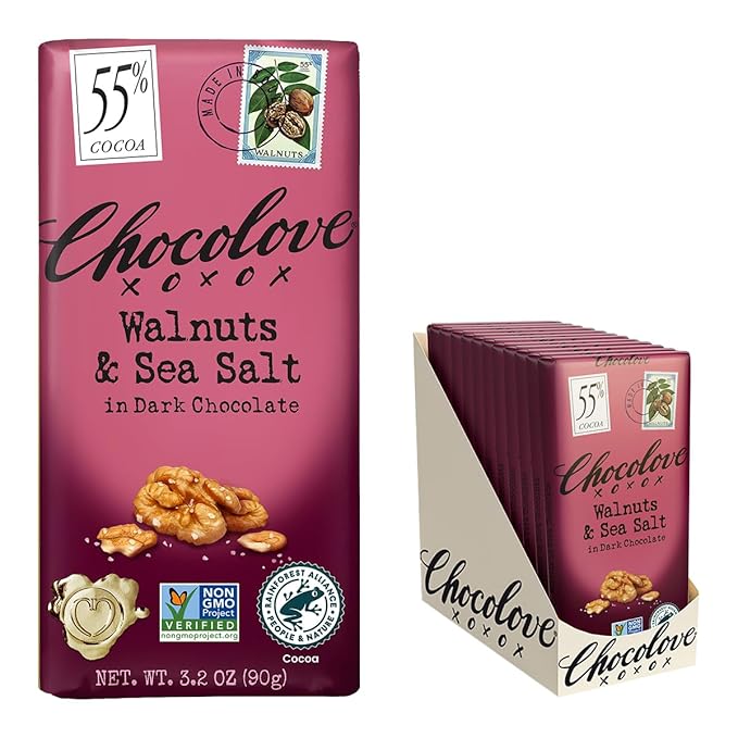 Chocolove Walnuts &amp Sea Salt Dark Chocolate Bars | 55% Cocoa | Crunchy Walnuts with a Salty Twist | Premium Dark Chocolate | Non-GMO Gluten-Free 3.2 oz Bar (12 Pack)