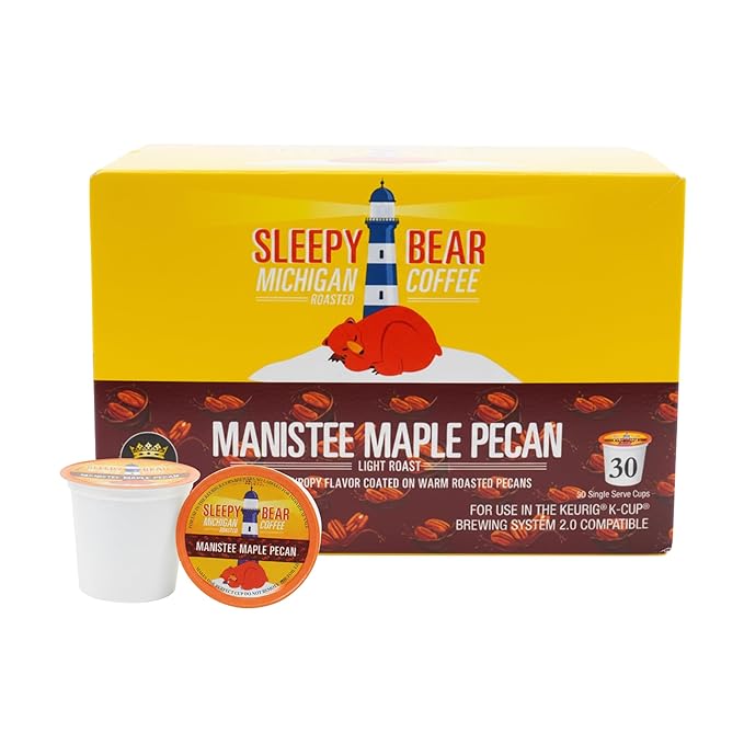 Sleepy Bear Coffee Pods Medium Roast Arabica Rich Flavor Michigan-Made Smooth &amp Sweet No Sugar Added 30ct Pods Compatible with Single-Serve Brewers (Manistee Maple Pecan)
