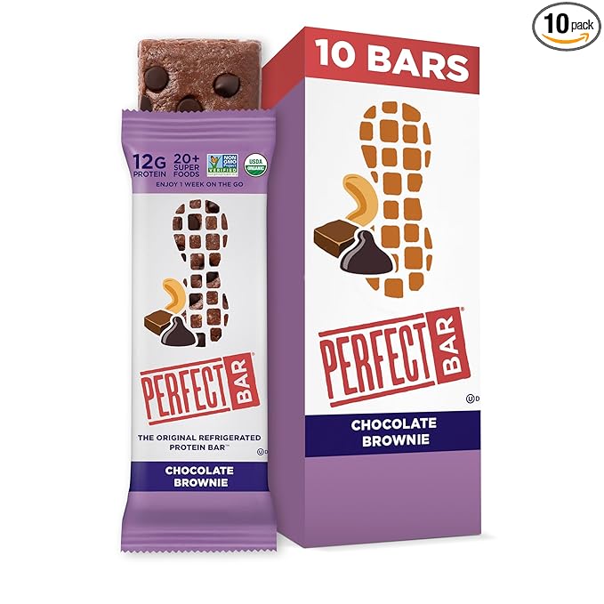Perfect Bar Chocolate Brownie Protein Bar Organic Gluten Free Soy Free Non GMO No Sugar Alcohols 2.2 Ounce Bar 10 Count