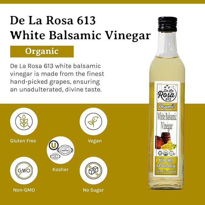 De La Rosa Organic White Balsamic Vinegar Aged in Spanish Wood Barrels Kosher for Passover Vegan &amp Gluten-Free Great for Salad Dressing Marinades Organic Balsamic Vinegar 16.9 Oz (Pack of 2)