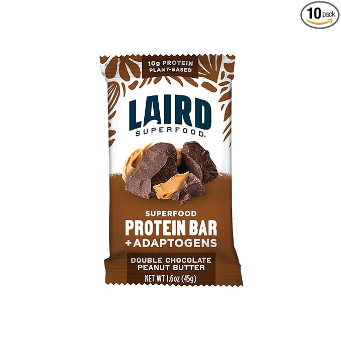 Laird Superfood Functional Protein Bars Protein Bar but Better with Real Ingredients Functional Mushrooms 10g Plant-Based Protein 6g Fiber Double Chocolate Peanut Butter 10 Count (Pack of 1)