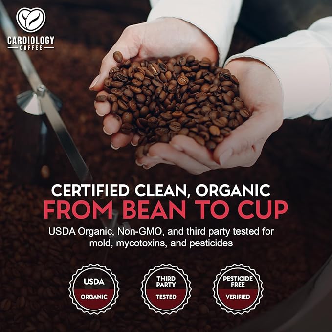 Cardiology Coffee – Whole Bean Coffee – USDA Certified Organic Mold Free 12oz Premium Medium Roast Organic Coffee Beans with Antioxidant Benefits – Perfect for Heart Healthy Lifestyle