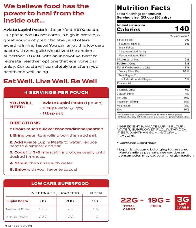 Aviate Keto Pasta Rotini - Low Carb (3g Net) Lupini Noodles High Protein (20g) Gluten-Free Made with Lupin Flour Plant Based Vegan Keto-friendly Low Carb - Rotini (8oz) (Pack of 3)