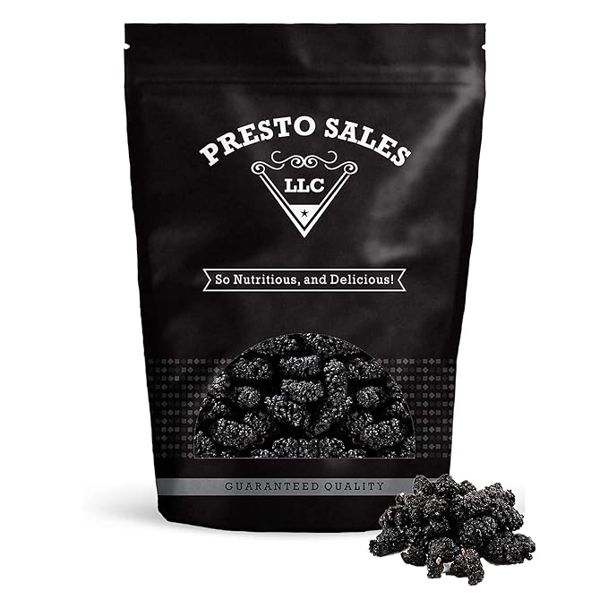 Mulberries FRESH Dried Black - No sugar added Delicious Quality Vegan User Friendly Snack Healthy Ingredient Luscious Packed in a resealable 1 lb. (16 oz.) pouch bag by Presto Sales LLC