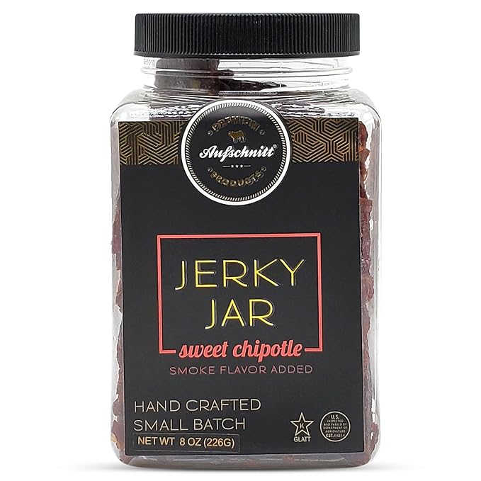 Aufschnitt Meats Beef Jerky Jar - Grass Fed Beef - Kosher and Keto Friendly - Gift Idea - 8 oz Jar Sweet Chipotle