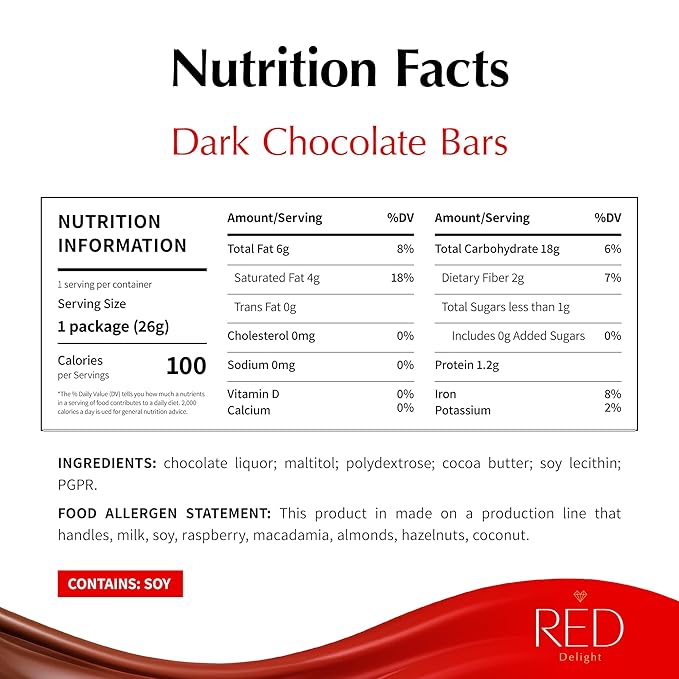 Red Delight Dark Chocolate Snack Bars - Pack of 24 Diamond-Shaped Vegan Chocolates (22.08oz) with Rich Cocoa Flavor - European-Style Dark Chocolates - No Added Sugar Gluten-Free and Kosher Certified