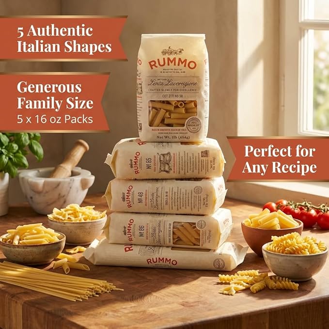 Rummo Pasta Variety Pack - Spaghetti Noodles Fusilli Penne Rigate Farfalle Ziti Made with Semolina Flour Pasta from Italy - 16 Ounce (Pack of 5)
