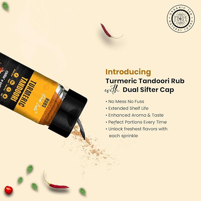 PACK of 6 - Turmeric Tandoori Rub 2.3 oz (65 gm) w/Convenient Dual Sifter Cap Bold Smoky Golden Flavor| For Marinating Seasoning Flavoring |Non-Bioengineered Vegan Gluten Free by Pride of India