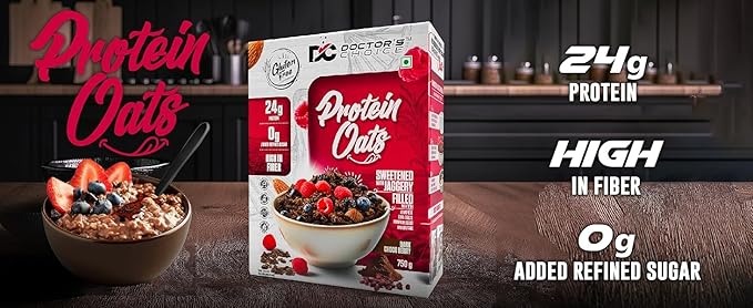 DOCTORS CHOICE Oats High Protein Oats 24g Pure Protein Breakfast Cereals Jaggery Sweetened Rich in Fiber No Additives and 0g Sugar. (750g Dark Choco Berry)