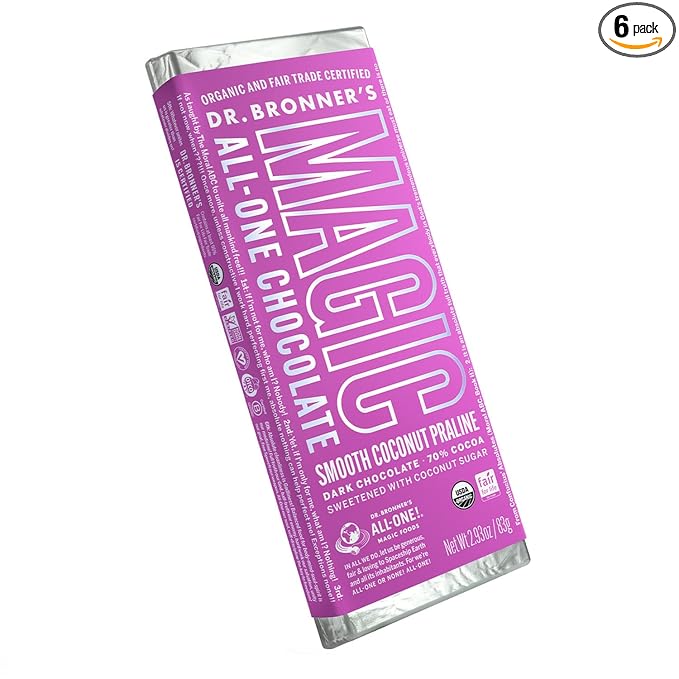 Dr. Bronner's - Magic All-One Chocolate Smooth Coconut Praline Bar—Certified Organic &amp Fair Trade 70% Cocoa No Added Salt Vegan Coconut-Sugar Sweetened &amp Perfectly Balanced | 6 Count