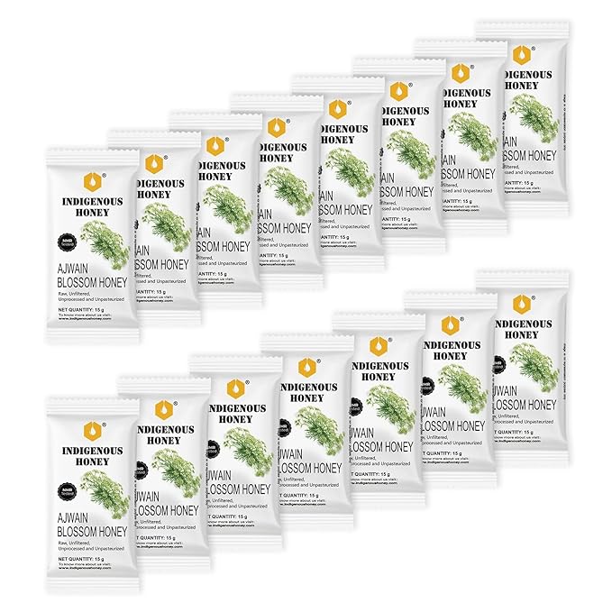 INDIGENOUS HONEY Raw Pure Ajwain Honey Natural Organic Unprocessed Added Sugar Free NMR Tested Unpasteurized Unheated 15 Travel Sachets 15g Each Total 225g