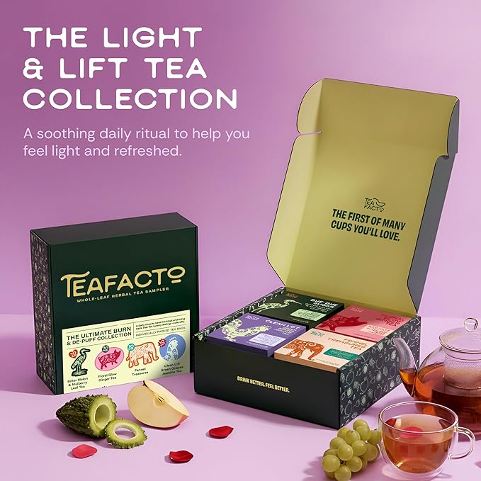 Tea Facto Herbal Tea Sampler Set Depuff Collection with Bitter Melon Mulberry Leaf Ginger Pear &amp Green Grapes Jasmine - Fancy Tea Sampler Gift Set Box - Natural Fiber Zero Added Sugar - 40 Cou
