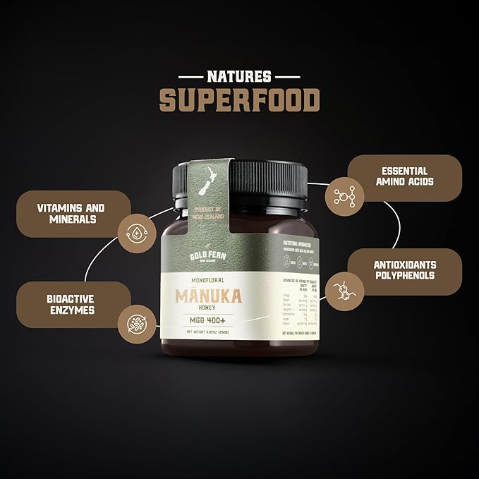 Gold Fern Honey - Raw New Zealand Manuka Honey Medical Grade | 8.8oz Monofloral MGO 400+ | Pure Natural Unpasteurized Unfiltered Superfood Traceable from Hive to Hand.