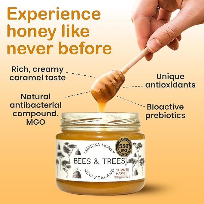 Bees &amp Trees Manuka Honey 550+ MGO - Raw Pure New Zealand Monofloral Honey – Unpasteurized &amp Natural Unfiltered Manuka for Tea Coffee Dressings Smoothies &amp Daily Use – Glass Jar 380g (