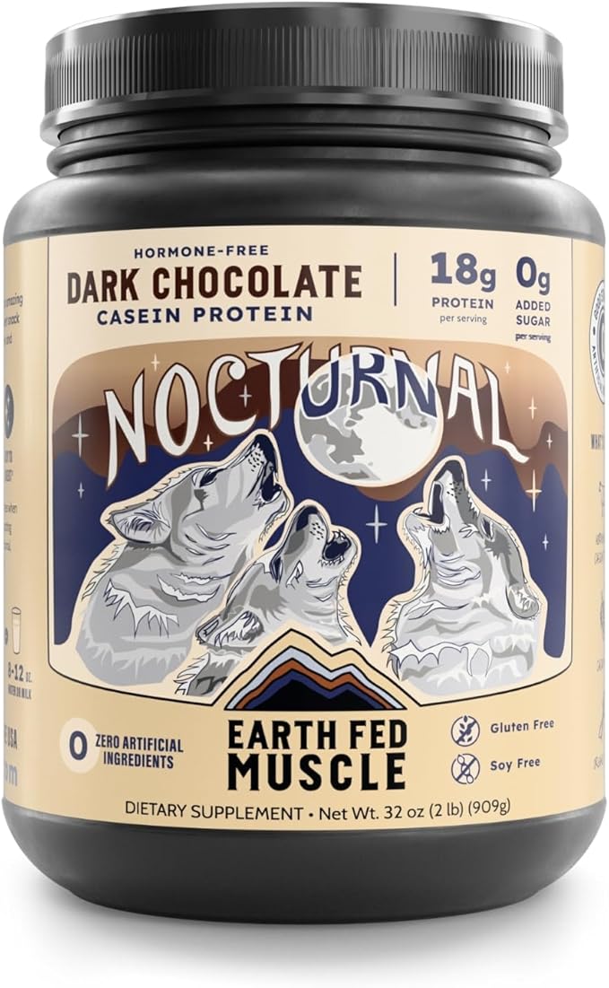 Earth Fed Muscle Nocturnal Casein Protein Powder – Dark Chocolate Protein Powder with Whey Blend – 18g Protein Sugar Free Gluten Free – Nighttime Recovery Protein Poweder – 2lb 23 Servings