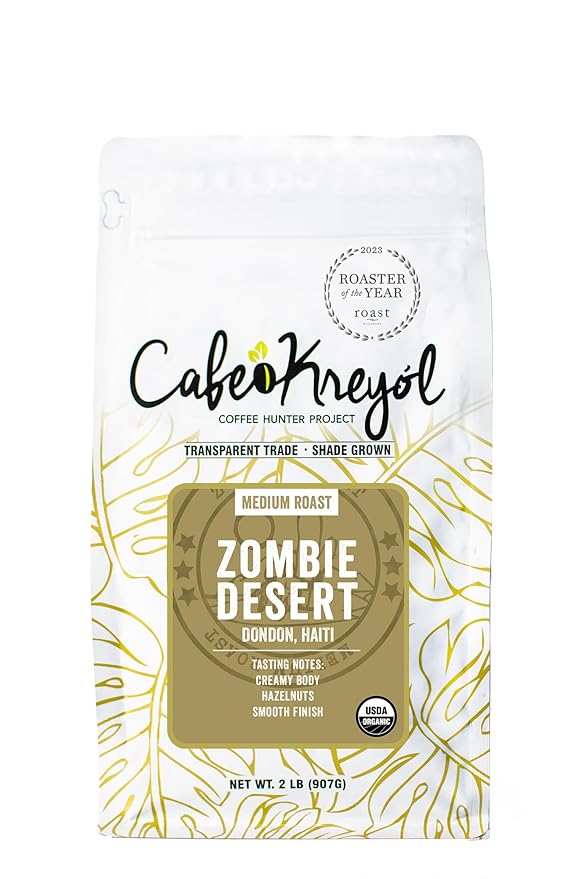 Cafe Kreyol Organic Zombie Desert | 2 lb - Haitian Blue Medium Roast Coffee - Whole Bean – Low Acidity Creamy Body &amp Hazelnuts with a Smooth Finish USDA Certified Organic