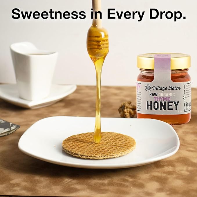 Village Batch Raw Organic Thyme Honey 8.5oz (Pack of 1) Jar from Mycenae Unheated and Unpasteurized Greek-Honey Light Amber Rich Flavor and Intense Floral Aroma