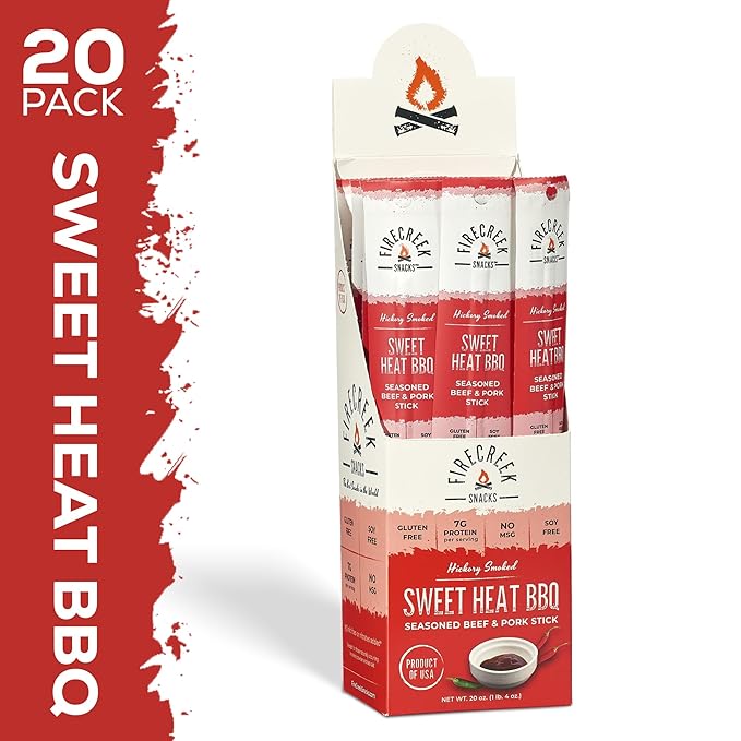 FireCreek Snacks Beef Sticks (Jerky Sticks) Hickory Smoked Beef &amp Pork Meat Sticks 20 Pack (1 oz) 7g Protein Gluten Free Soy Free No MSG Sweet Heat BBQ