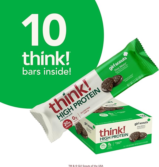think! Protein Bars High Protein Snacks Gluten Free Kosher Friendly Girl Scouts Thin Mint Nutrition Bars 2.1 Oz per Bar 10 Count (Packaging May Vary)