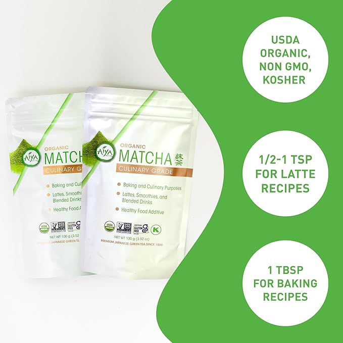 Aiya Certified USDA Organic Culinary Grade Matcha Green Tea Powder - Ideal for Baking Lattes Smoothies - Gluten-Free &amp Non-GMO - 100g Bag (3.52 oz)