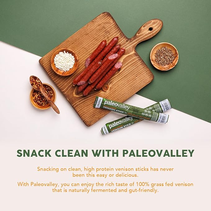 Paleovalley 100% Grass Fed Venison Sticks – 10 Pack – Keto-Friendly High Protein Low-Calorie Snack – Omega-3 Rich Gluten-Free Nitrate-Free Naturally Flavored – Healthy On-the-Go Meat Snack