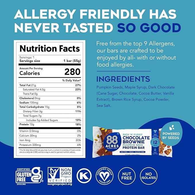 88 Acres Pumpkin Seed Protein Bars Fudge Brownie 9 Count 12g Plant-Based Protein Gluten Free Nut Free School Safe Snack Bar Vegan Non-GMO Individually Wrapped
