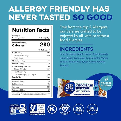 88 Acres Pumpkin Seed Protein Bars Fudge Brownie 9 Count 12g Plant-Based Protein Gluten Free Nut Free School Safe Snack Bar Vegan Non-GMO Individually Wrapped