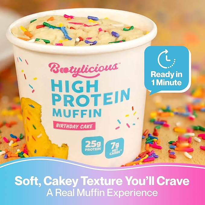 Bootylicious | 25g Protein Muffin | Birthday Cake | Low Carb 16g Fiber Low Glycimic Index Low Sugar 2.54oz Cup 12-Pack