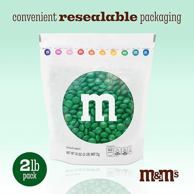 M&ampM’S WORLD Dark Green Milk Chocolate Candy Bulk 2lbs of M&ampM'S in Resealable Pack for Candy Bars Holiday Parties Graduations Christmas Dessert Tables &amp DIY Party Favors