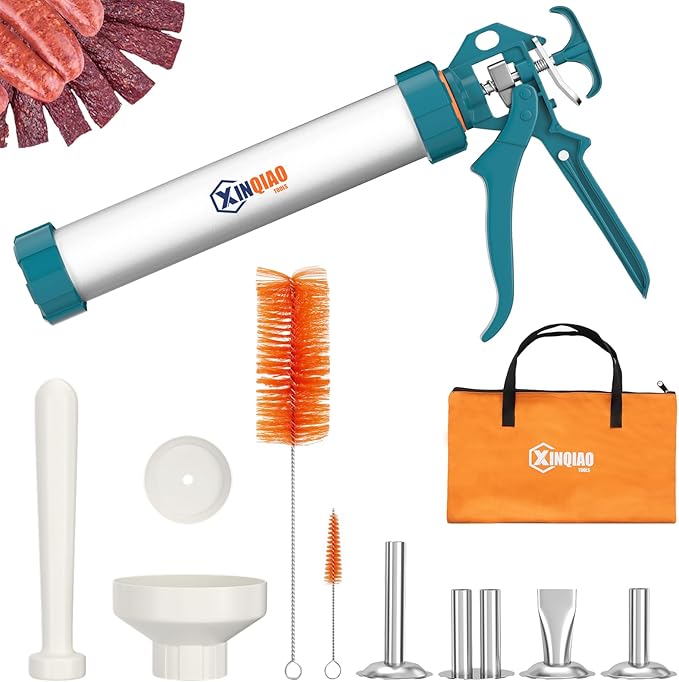 XINQIAO Beef Jerky Gun Sausage Stufffer for Ground Meat Large Aluminum Jerky Cannon Comes with a Bag 4 Nozzles 2 Brushes 1 Funnel 1 Pestle