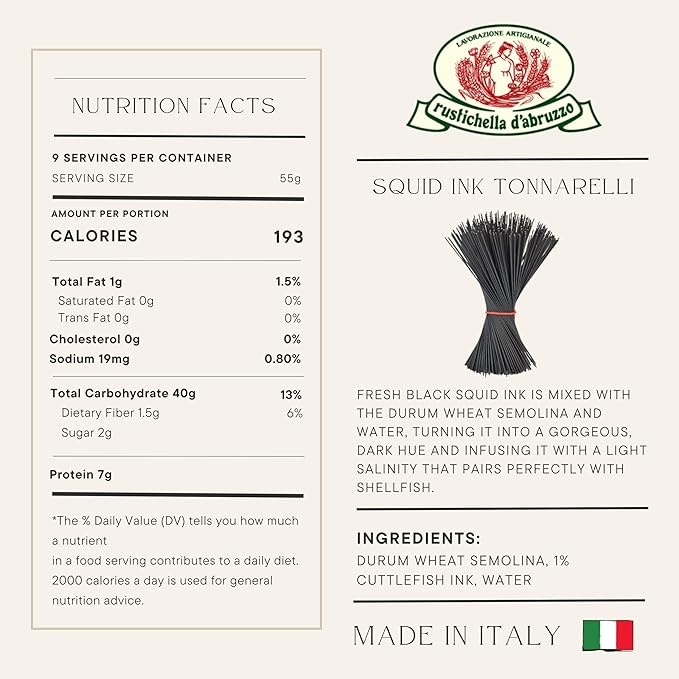 Rustichella d'Abruzzo Tonnarelli with Squid Ink Long Italian Pasta with Cuttlefish Ideal for Shellfish Spicy Fish Sauce &amp Olive Oil Dishes Authentic Flavored from Abruzzo Italy 500g 4-Pack