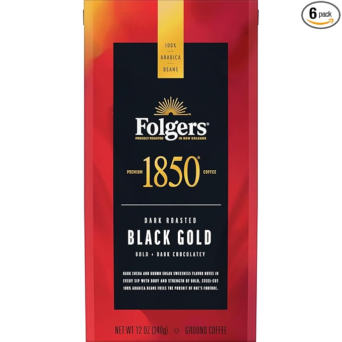 1850 by Folgers Black Gold Dark Roast Ground Coffee 12 Ounces (Pack of 6)